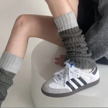 针织袜套春秋毛线撞色拼接腿套简约百搭堆堆袜灰色保暖袜套小腿袜