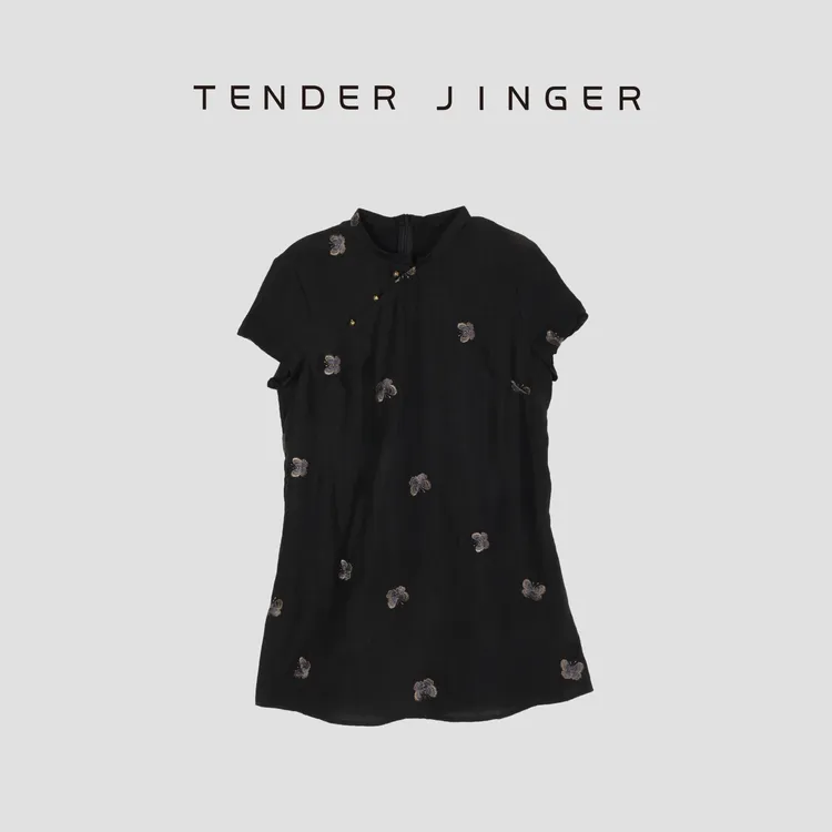 Tender Jinger【黑标】蓝蝶流光重工刺绣香云纱长款上衣T52LAN30998