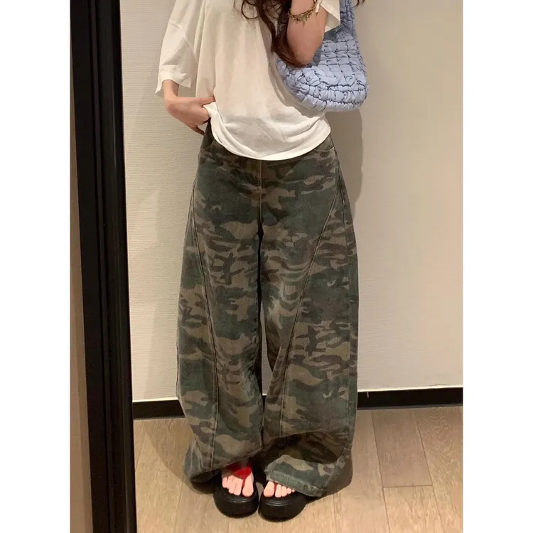 美式复古迷彩牛仔裤女水洗做旧设计感休闲宽松直筒阔腿弯刀裤子潮