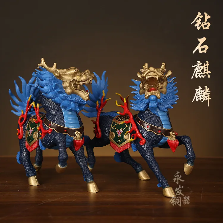 黄铜麒麟摆件一对踩八卦火麒麟摆件家居办公室装饰客厅桌面工艺品