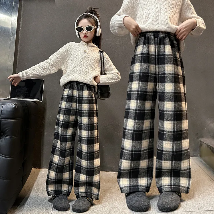 女童春装裤子2025新款儿童洋气女孩秋冬直筒呢子格子休闲运动长裤