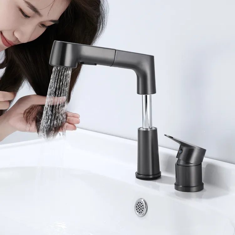 浴室柜分体双孔抽拉式水龙头冷热洗脸盆洗手池卫生间可伸缩台面盆