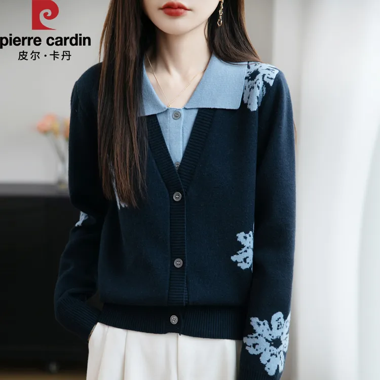 皮尔卡丹时尚百搭宽松雪绒花撞色提花假两件休闲长袖休闲针织开衫