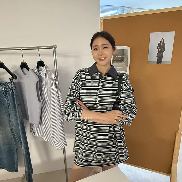 widelia春夏韩版7059慵懒风街头酷飒休闲风撞色ins条纹polo衫套装