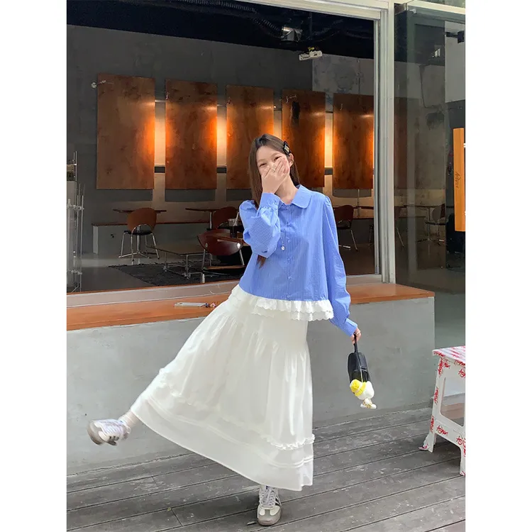 成人2025原宿墨兰迪色温柔系秋冬韩chic简约蓝色格子花边衬衫+半