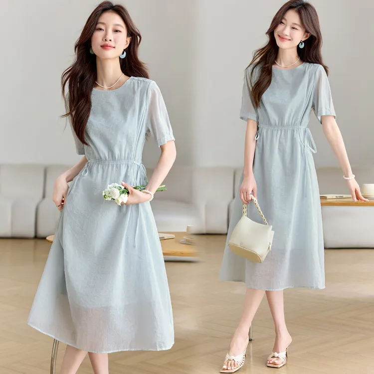法式连衣裙女夏季新款高级感收腰遮肚子显瘦气质修身中长款