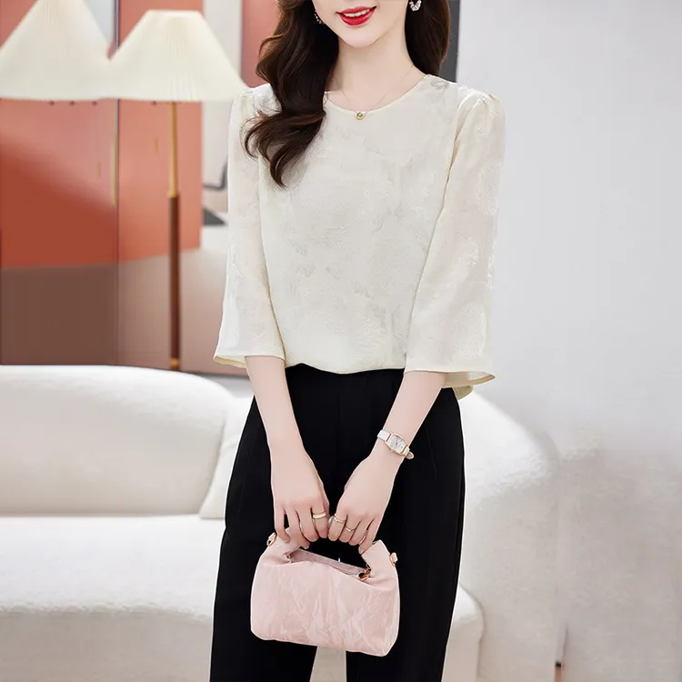 A2812#桑蚕丝上衣衬衫女气质时尚中式中袖