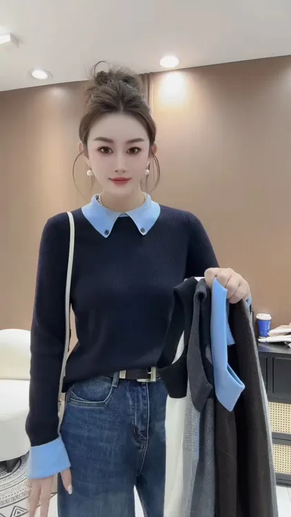 拼色修身翻领假两件长袖针织衫女秋冬新款时尚显瘦高级感气质毛衣