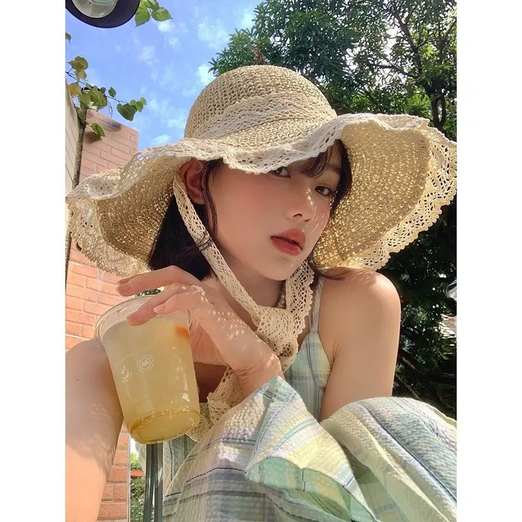 草帽女款夏天草编渔夫帽蕾丝沙滩太阳帽遮阳帽防紫外线防晒帽子