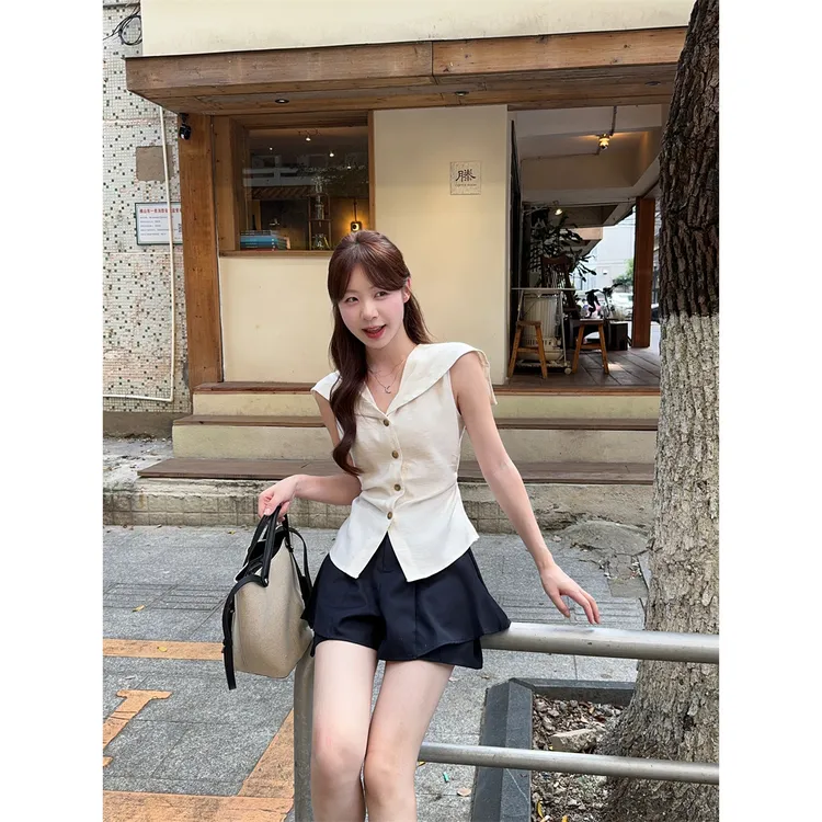 新款复古气质百搭老钱风海军领衬衫无袖上衣套装女