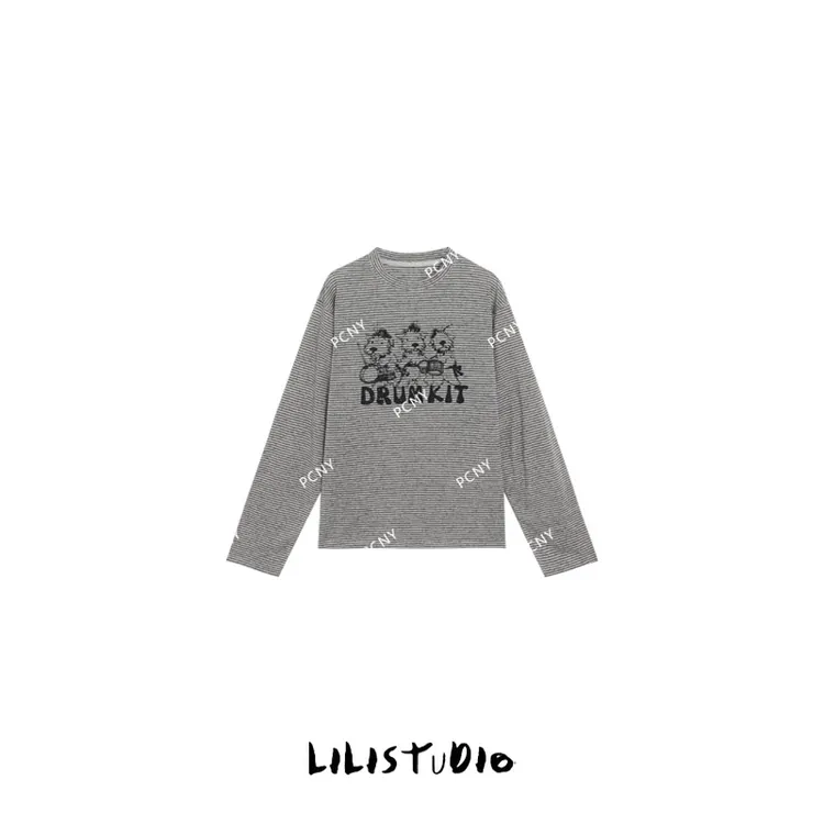 PCNY「小狗乐队」不理理女装卡通印花细条纹长袖T恤