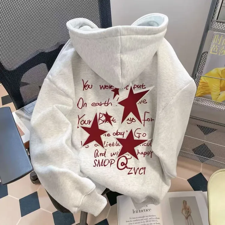 美式复古纯棉星星印花连帽男款秋冬季印花韩版白灰色潮流中性卫衣