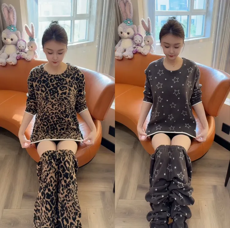 秋冬新款奥粒绒保暖可外穿女时尚豹纹长袖长裤睡衣家居服