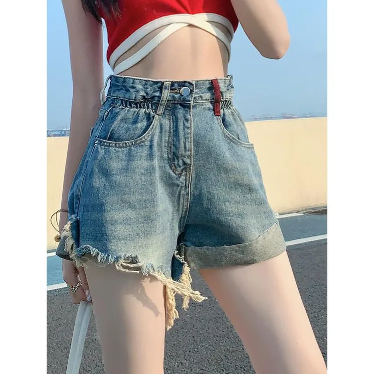 破洞牛仔短裤女2025年夏季薄款a字松紧腰撞色翻边辣妹三分热裤子
