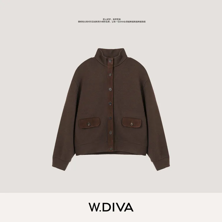 W.Diva【棕调咖啡】巴恩风复古羊皮门襟立领开襟外套老钱53C172960