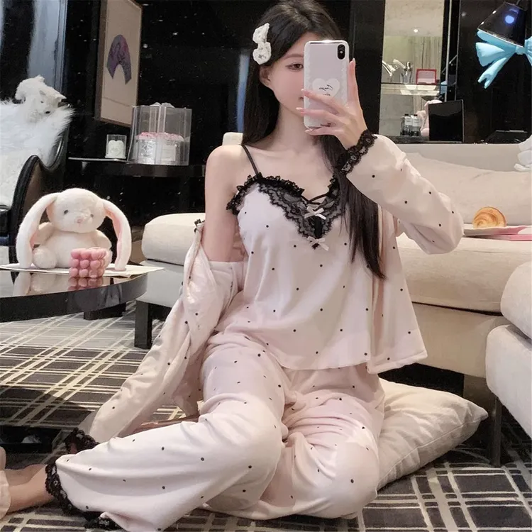 甜美波点印花加厚保暖海岛绒睡衣三件套女秋冬新款纯欲性感家居服