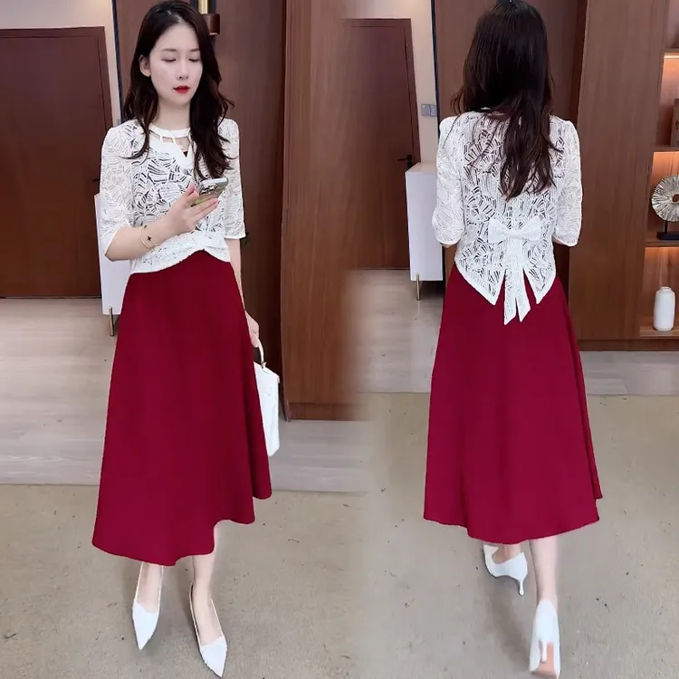 时尚套装裙女2025秋季新款洋气显瘦长袖镂空蕾丝衫连衣裙两件套潮