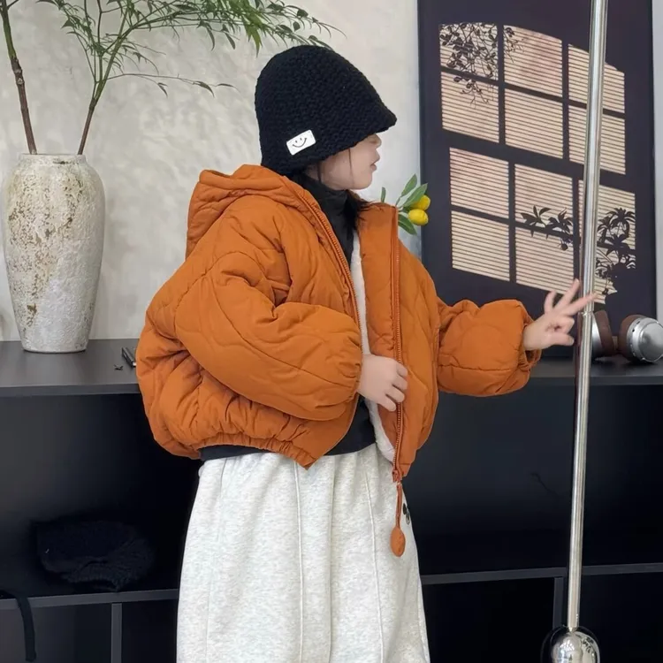 韩系儿童冬季新款棉衣女宝连帽条纹面包服中小童夹棉棉服保暖潮