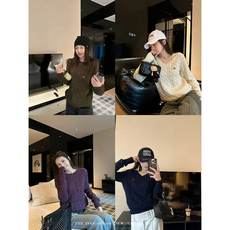 THEISSN宁司 口袋刺绣圆领针织衫女早秋百搭显瘦毛衣上衣 01342