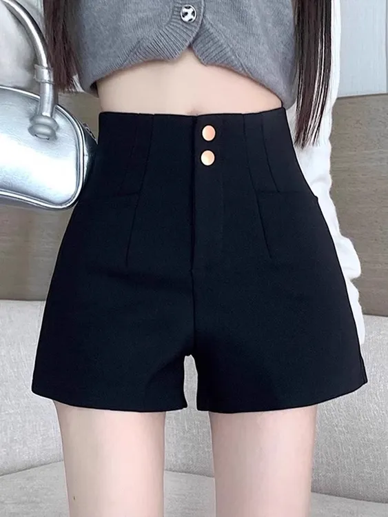 2025新款黑色高腰阔腿A字四季通用高弹常规ins外穿黑色短裤百搭..