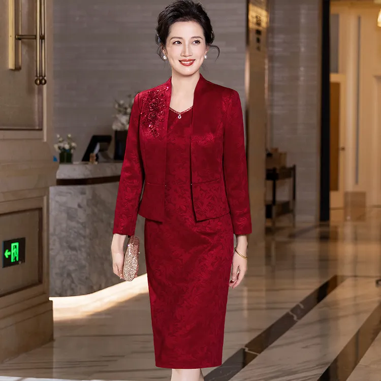 儿子结婚矮个子妈妈穿的礼服两件套秋装喜婆婆婚宴装喜妈妈连衣裙