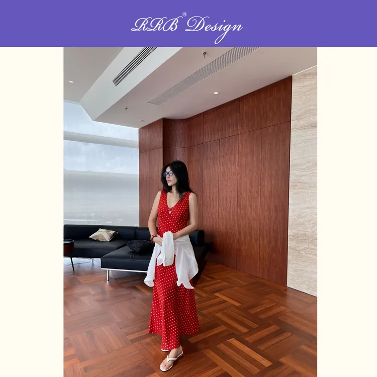 RRB Design「优雅塑造」修身显瘦V领拼色圆点绑带无袖连衣裙长裙