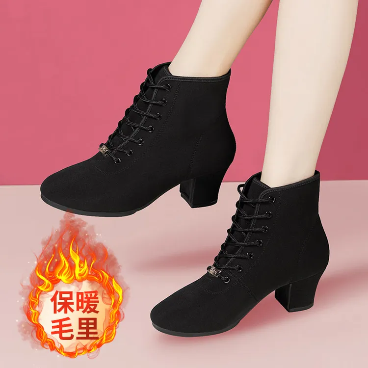 黑色高帮牛津布舞鞋秋冬中老年软底中跟跳舞鞋广场舞鞋水兵舞蹈靴