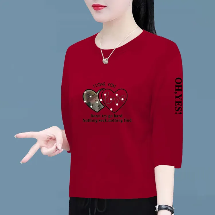 100%纯棉七分袖t恤女上衣女春秋新款时尚宽松显瘦遮肚不规则t恤衫