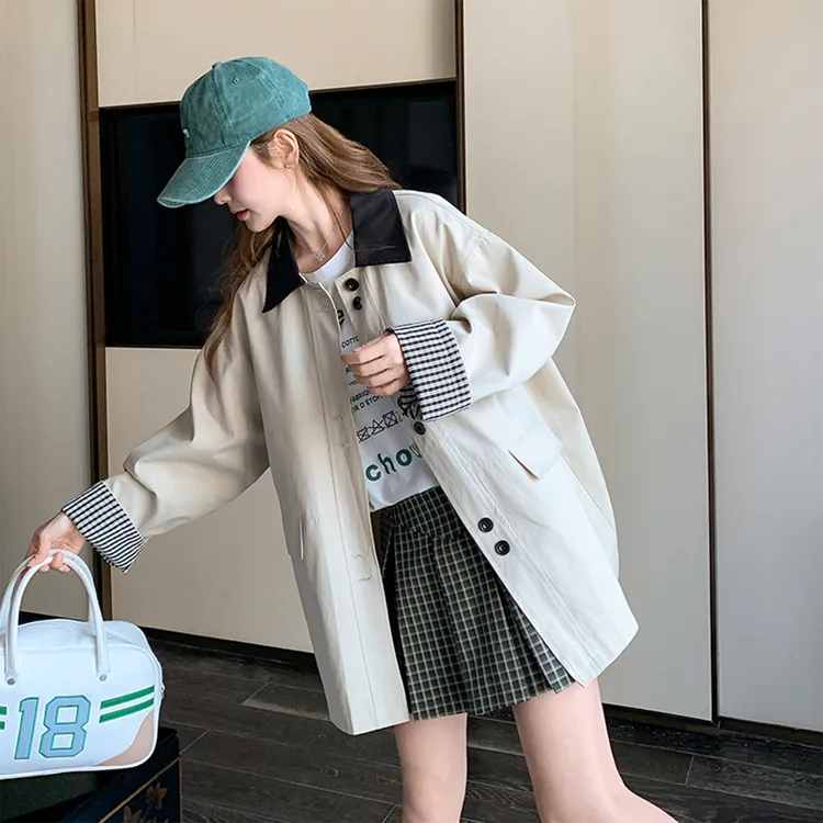 米白色拼接工装风衣女中长款2025秋季新款韩系宽松休闲小个子外套
