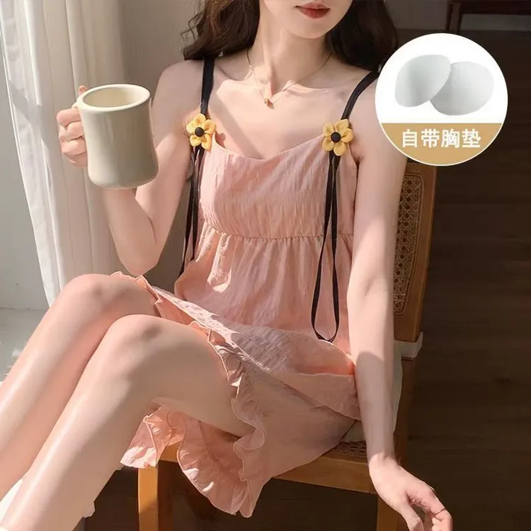 花朵睡衣女夏季带胸垫云朵棉吊带短裤性感甜美学生大码家居服套装