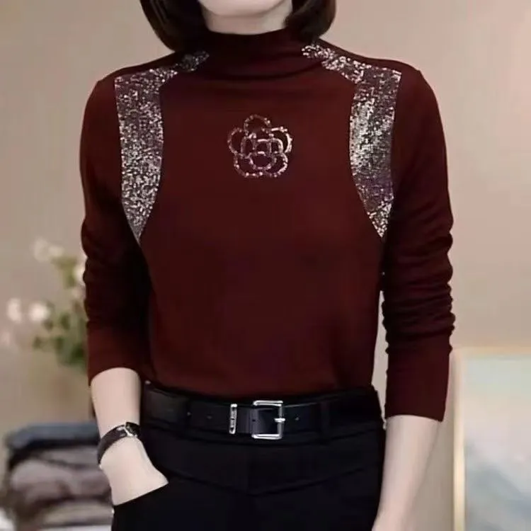 新款秋冬时尚重工烫钻设计半高领长袖减龄保暖打底衫中年妈妈上衣