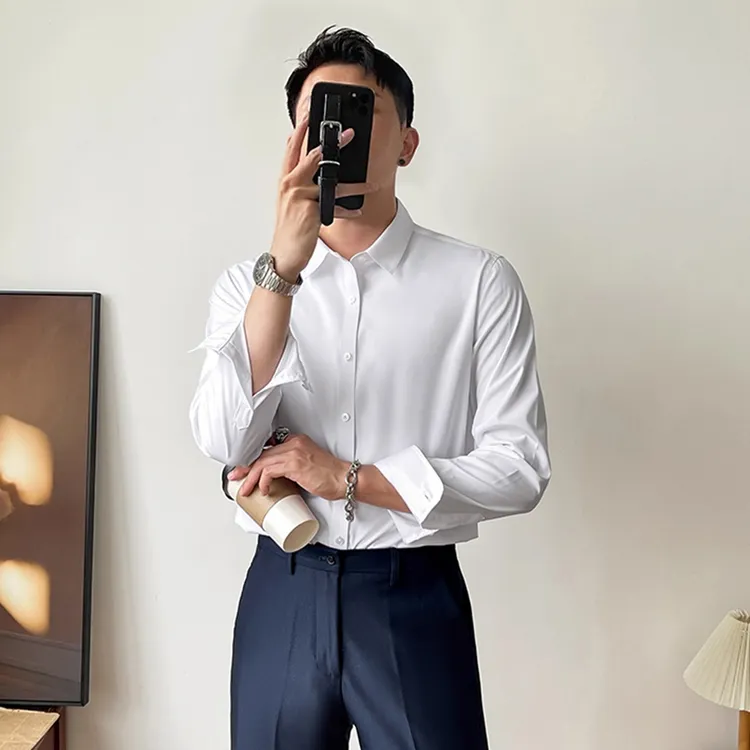 轻奢免烫男士商务白色长袖衬衫通勤职业装高级感绅士休闲修身衬衣