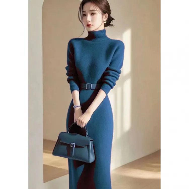 韩版冷淡系气质名媛毛衣连衣裙女装秋冬新款时尚高领针织裙子