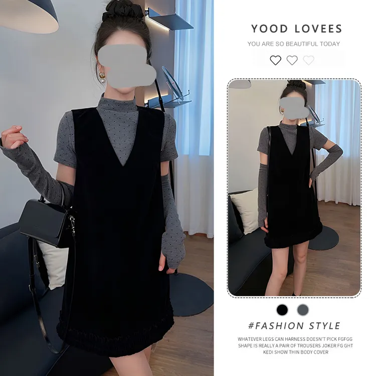 韩版气质立体钻饰波点长袖T恤背带丝绒连衣裙女2025春秋新款套装