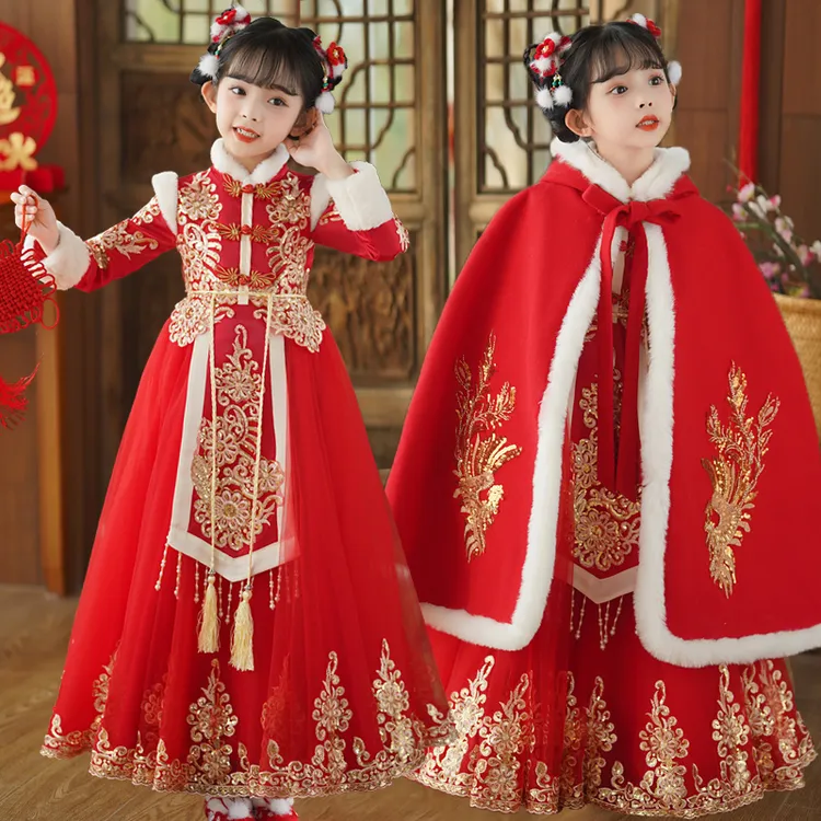 女童汉服冬装新款中国风长款古风拜年服中大童唐装古装喜庆公主裙