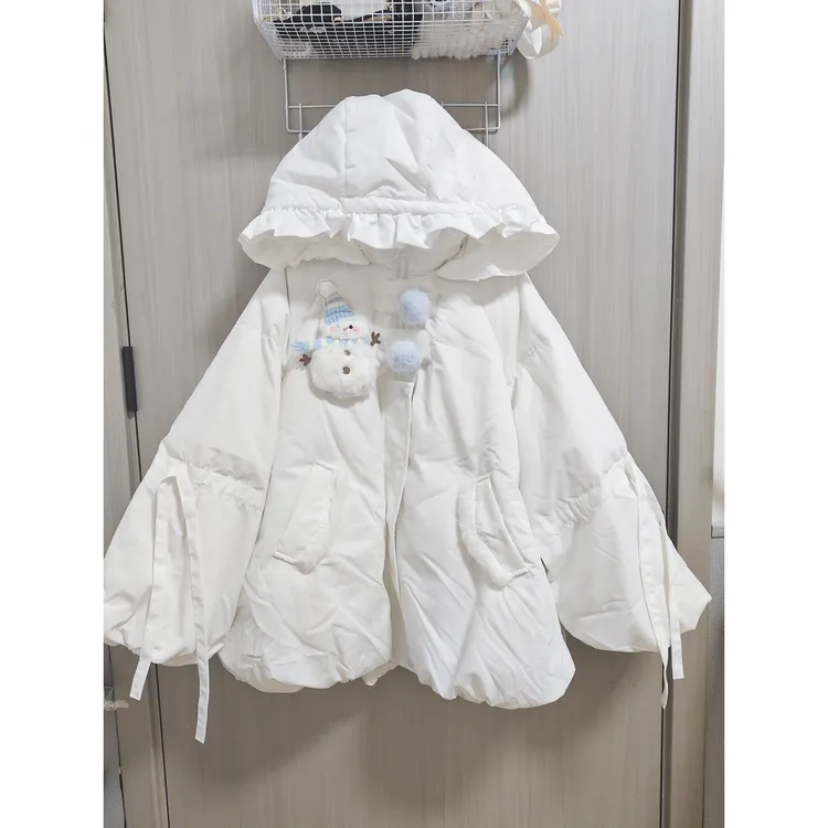 白色可爱甜美雪人挂件连帽棉服女冬季加厚保暖蝴蝶结花苞棉衣外套