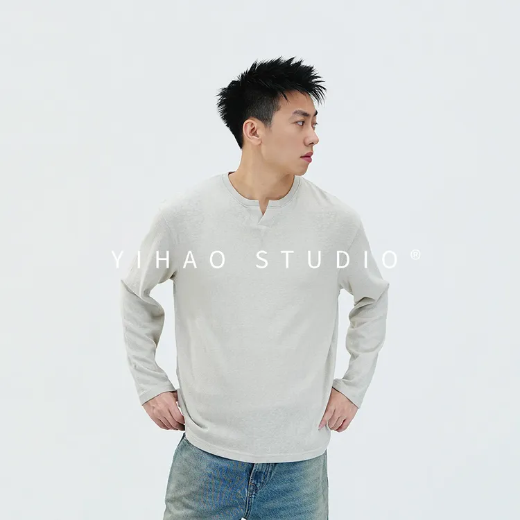 YIHAO STUDIO秋季男款针织长袖T恤时尚休闲小宽松百搭V领内搭上衣
