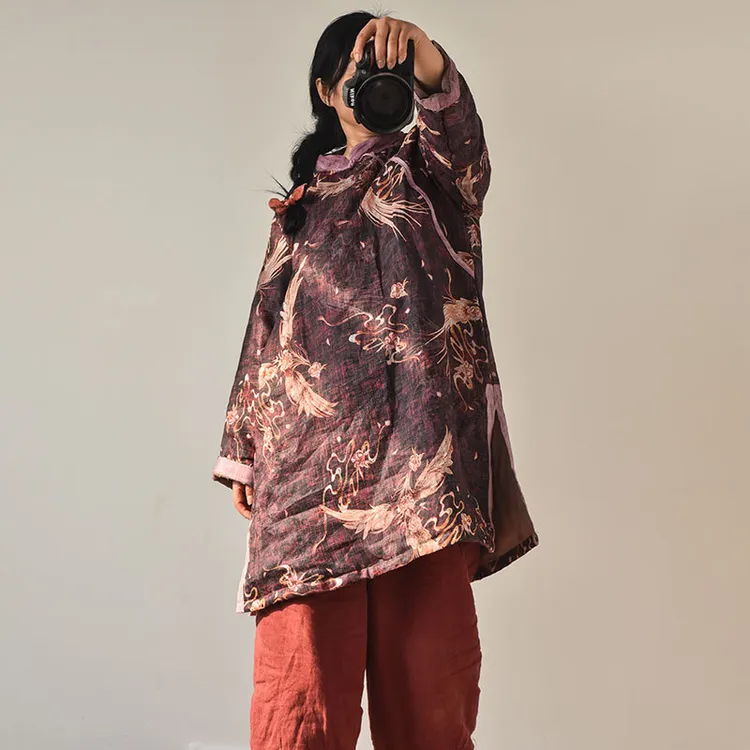 胭脂+原创棉麻女装秋冬新款斜襟手工盘扣棉服禅意苎麻中长款棉衣