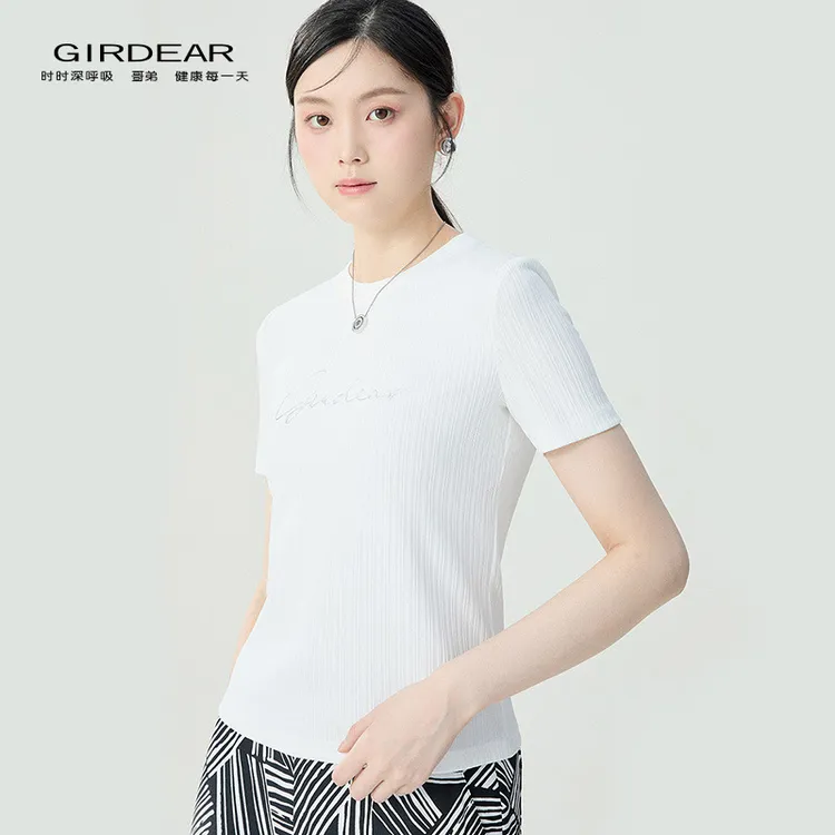 哥弟新款女装细坑条深呼吸字母印花修身圆领显瘦短袖T恤女1300896