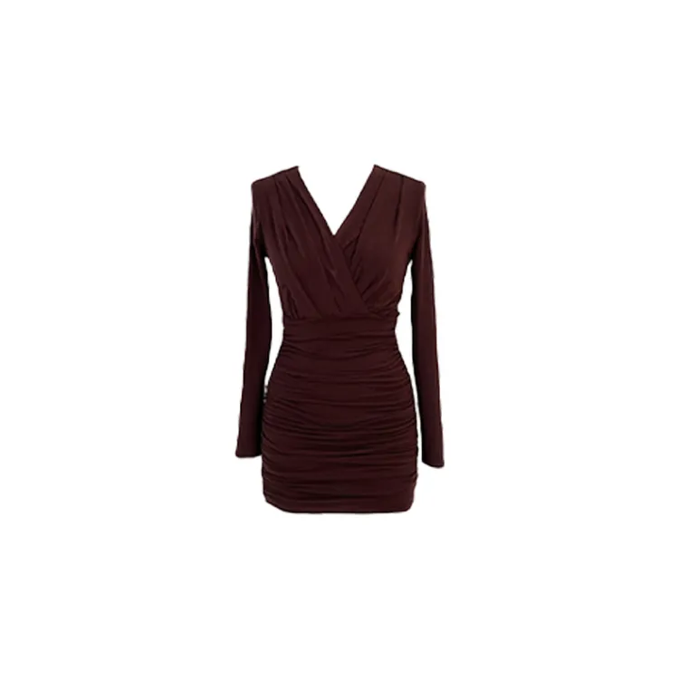 B-babes【红颜】法式气质V领连衣裙长袖微胖修身显瘦包臀裙