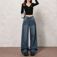 偶句2025秋季新款裤型一绝美式中低腰铆钉工艺竹节纹阔腿牛仔裤