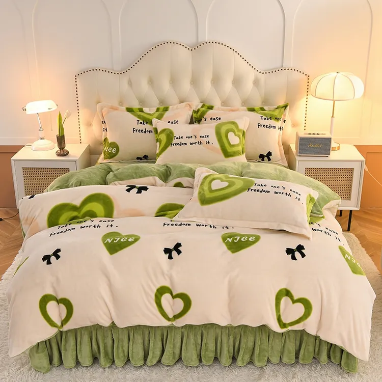 新款小清新加厚牛奶绒四件套秋冬保暖毛绒床上用品印花加绒宿舍