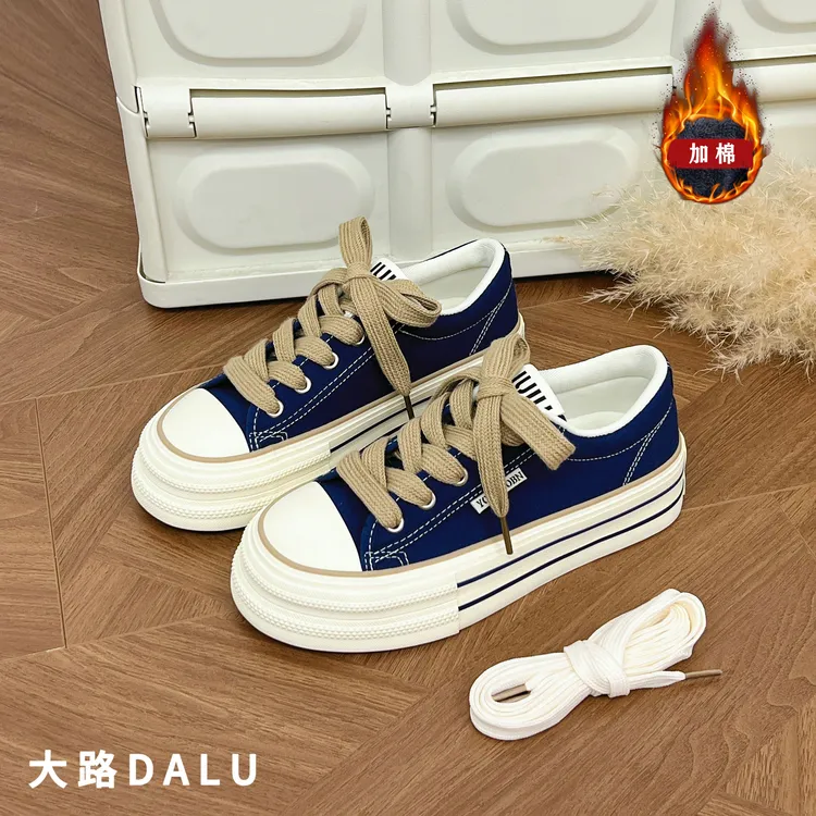 【DaLu】秋冬帆布鞋女透气薄款厚底2025新款系带休闲百搭小白鞋板鞋
