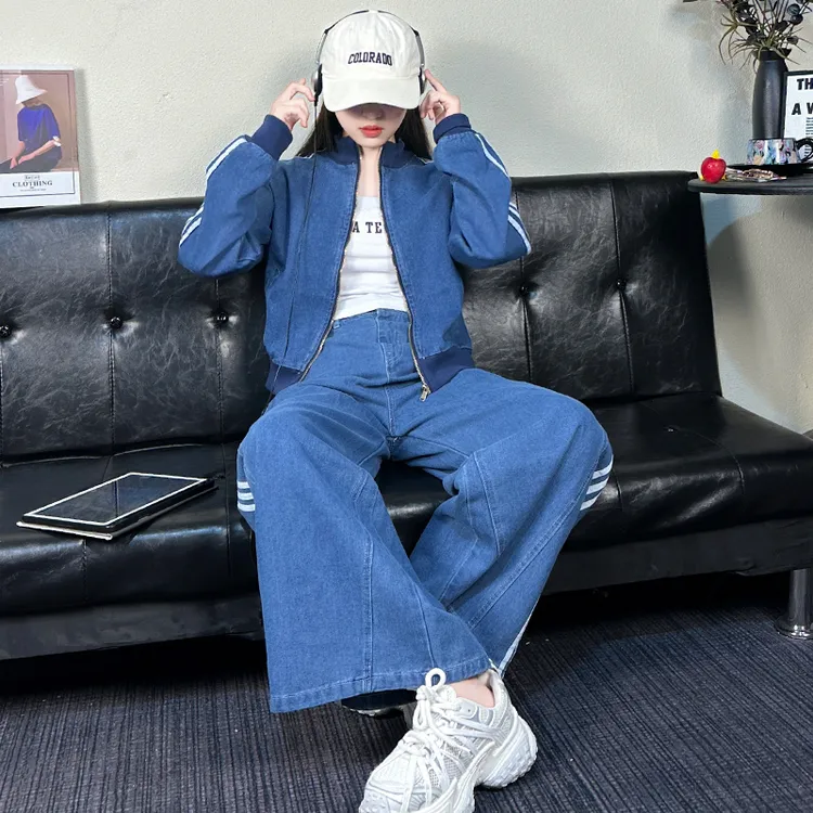 女童老钱风复古拉条牛仔外套裤子两件套2025秋季中大童6~15岁潮童