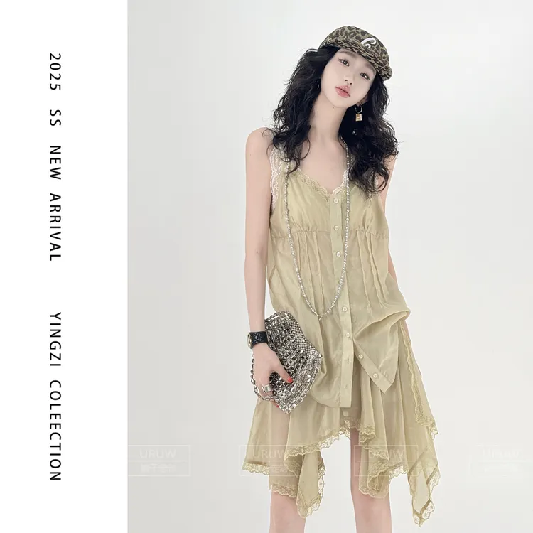 颖子定制【恋日序曲】蕾丝花边设计背心不规则裙摆花边半短裙9752