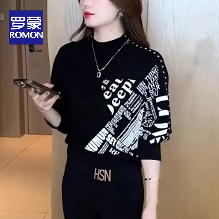 罗蒙女装轻职风半高领宽松型显瘦长袖T恤2026秋季常规款字母上衣