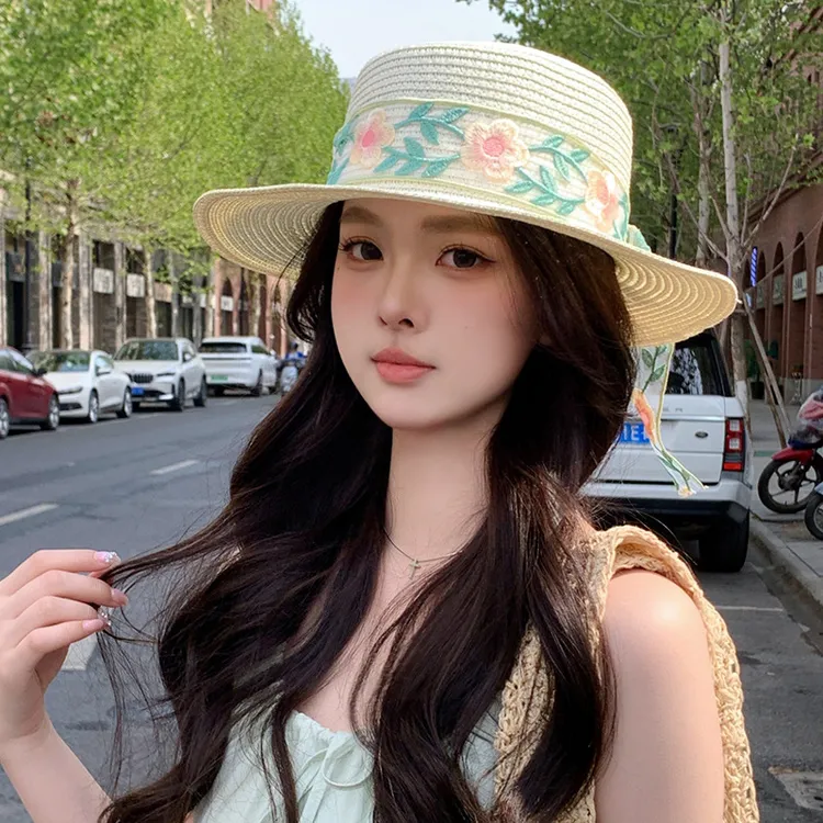 网红国风花朵飘带草帽女夏季小清新防晒遮阳帽户外沙滩百搭平顶帽