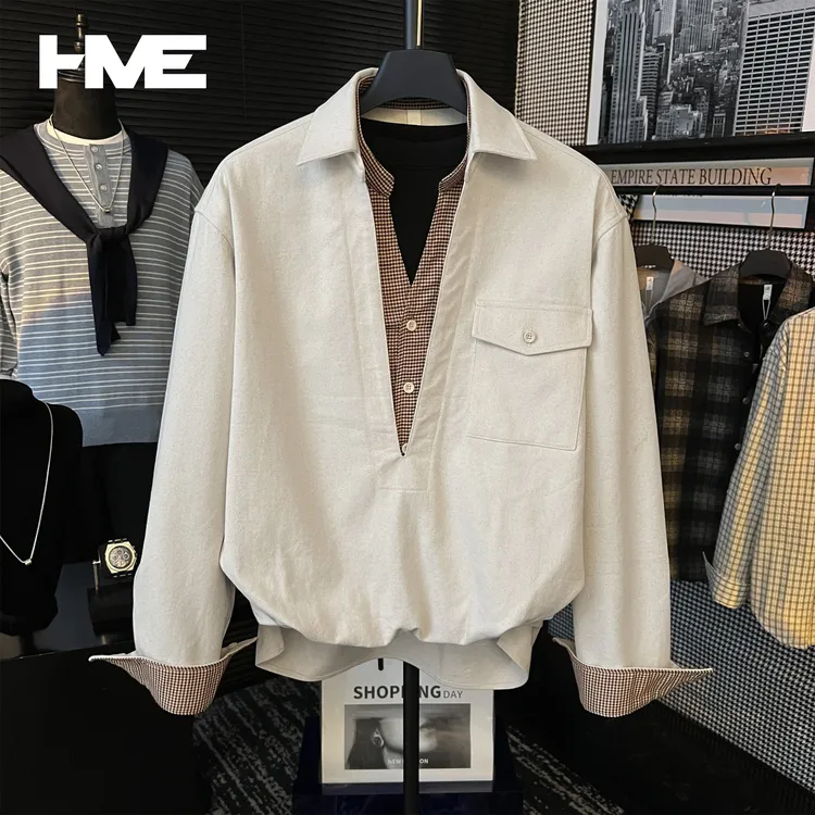 【HMEYAO】【纯棉层次感】原创秋季拼接撞色格纹口袋文艺假两件衬衣