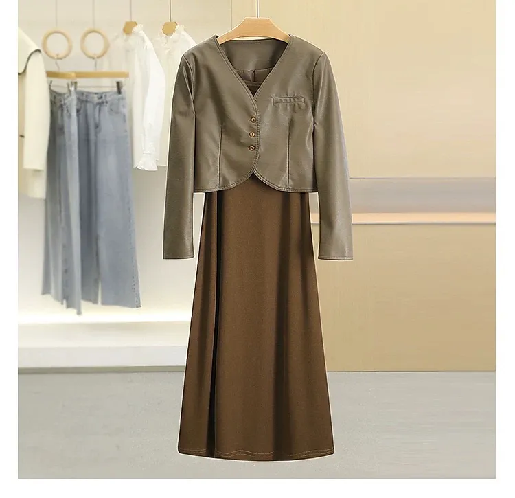 皮衣外套印花背心裙两件套连衣裙春季2025年新款