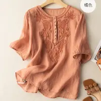 【清货+运费险】夏新款宽松显瘦圆领T恤女文艺纯色刺绣棉麻上衣Y918